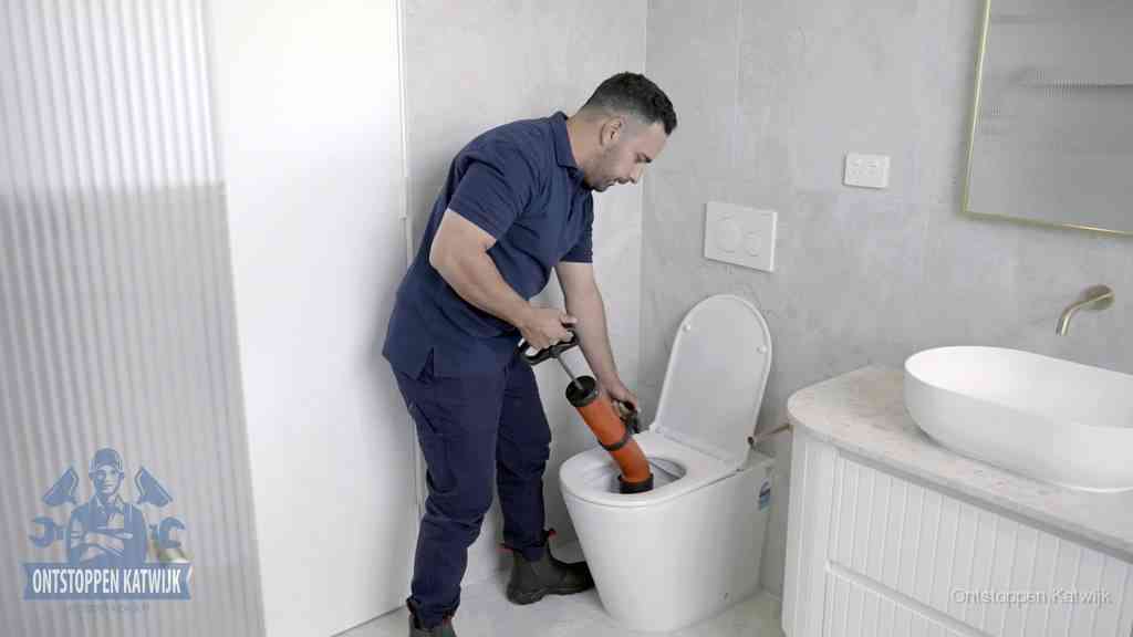 Een monteur buigt over een wandcloset en duwt met de hand een persluchtontstopper in de toiletpot om de verstopping handmatig los te maken in Katwijk