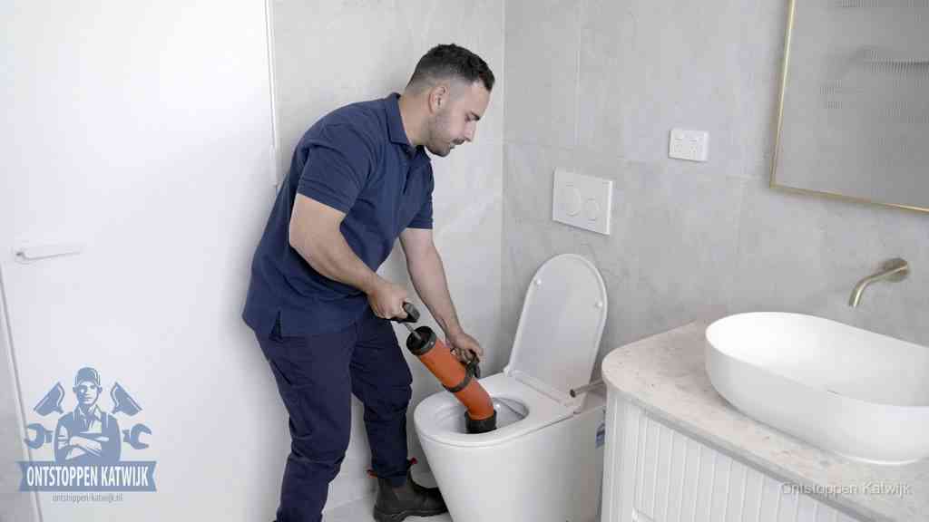 Een monteur gebruikt een handmatige perspomp (toiletontstopper) op een wandcloset tijdens het professioneel wc ontstoppen in Katwijk