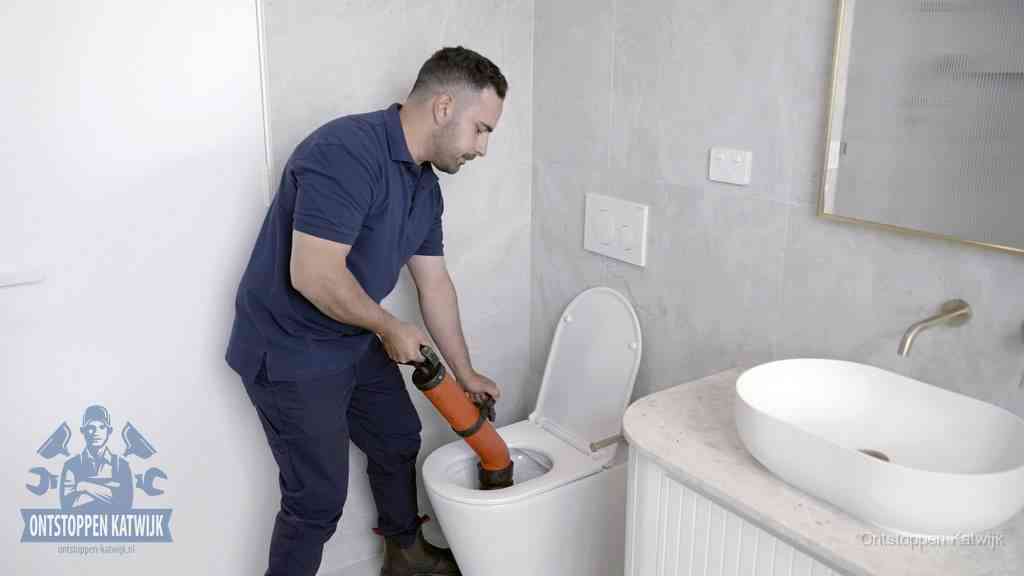 Een man gebruikt een handmatige luchtdruk-ontstopper in een modern betegeld toilet om zelf de wc te ontstoppen in Katwijk